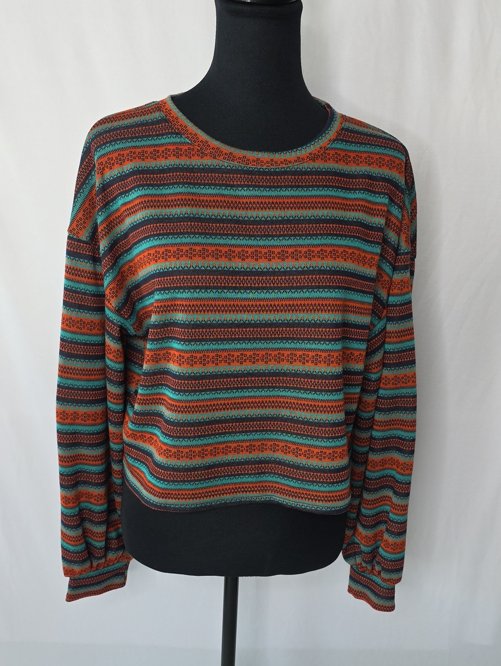 Striped Crewneck Knit Top in Teal & Rust, Size 8